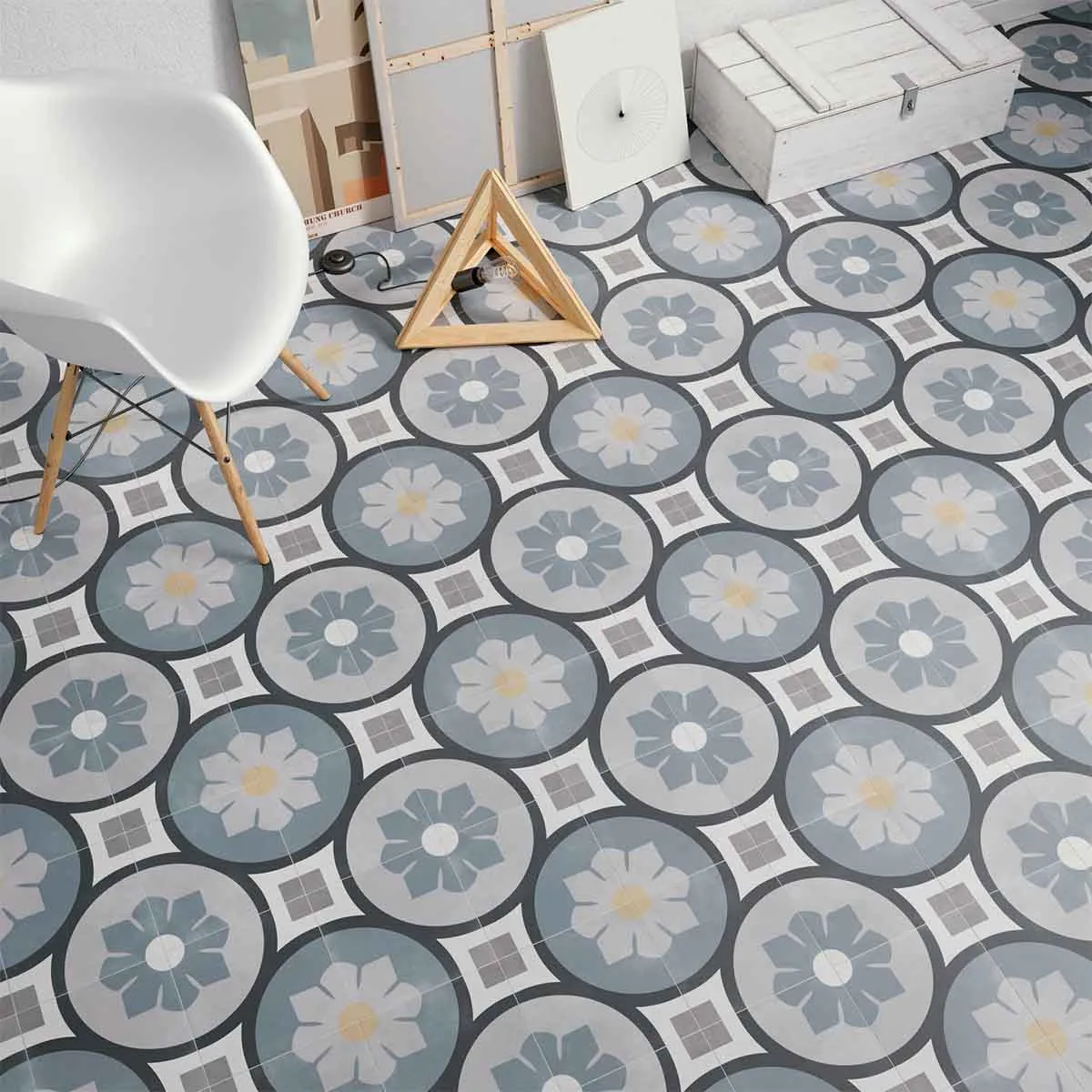 Aruba Bloom Blue Pattern Porcelain Tile 22x22cm Matte