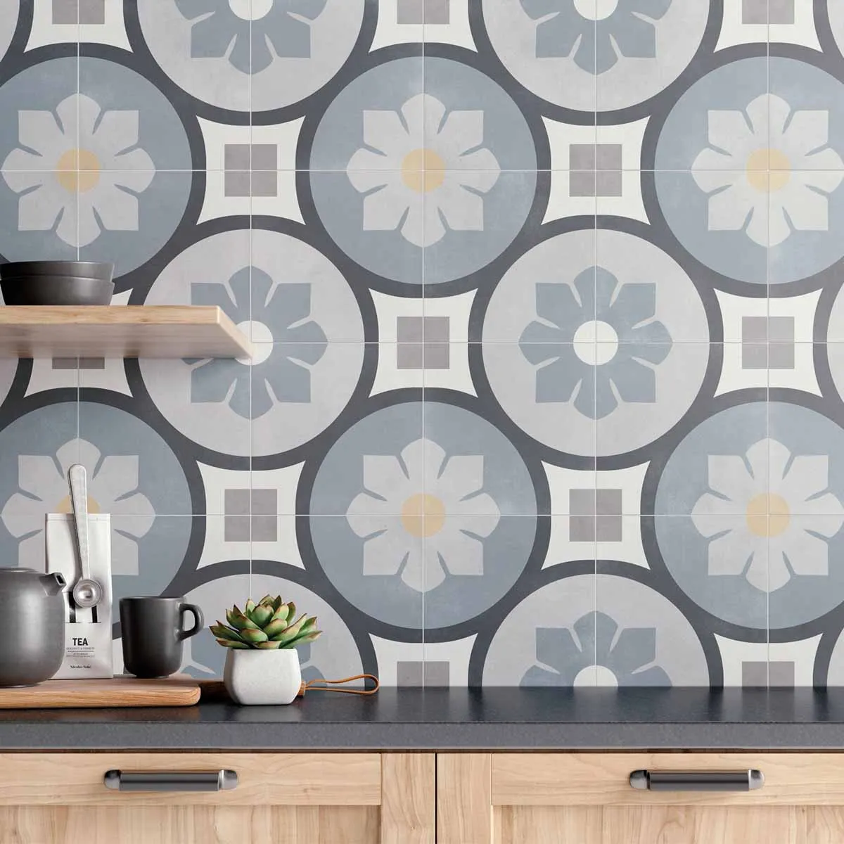 Aruba Bloom Blue Pattern Porcelain Tile 22x22cm Matte