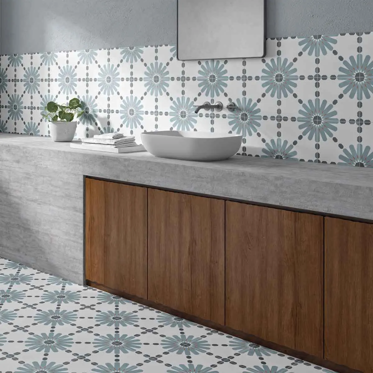 Aruba Daisy Blue Pattern Porcelain Tile 22x22cm Matt