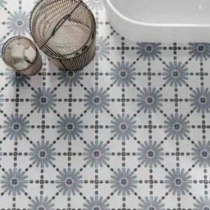 Aruba Daisy Blue Pattern Porcelain Tile 22x22cm Matt