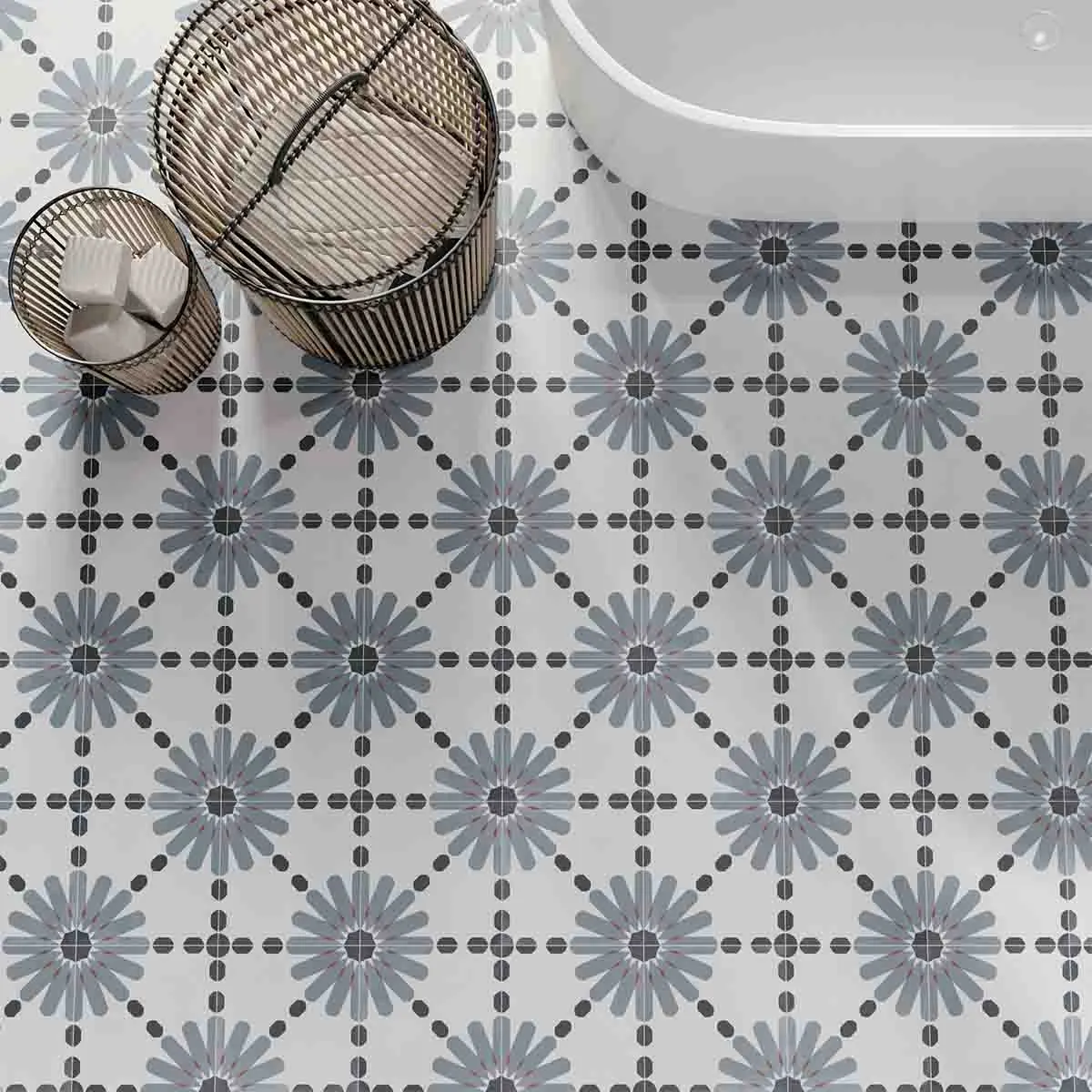 Aruba Daisy Blue Pattern Porcelain Tile 22x22cm Matt