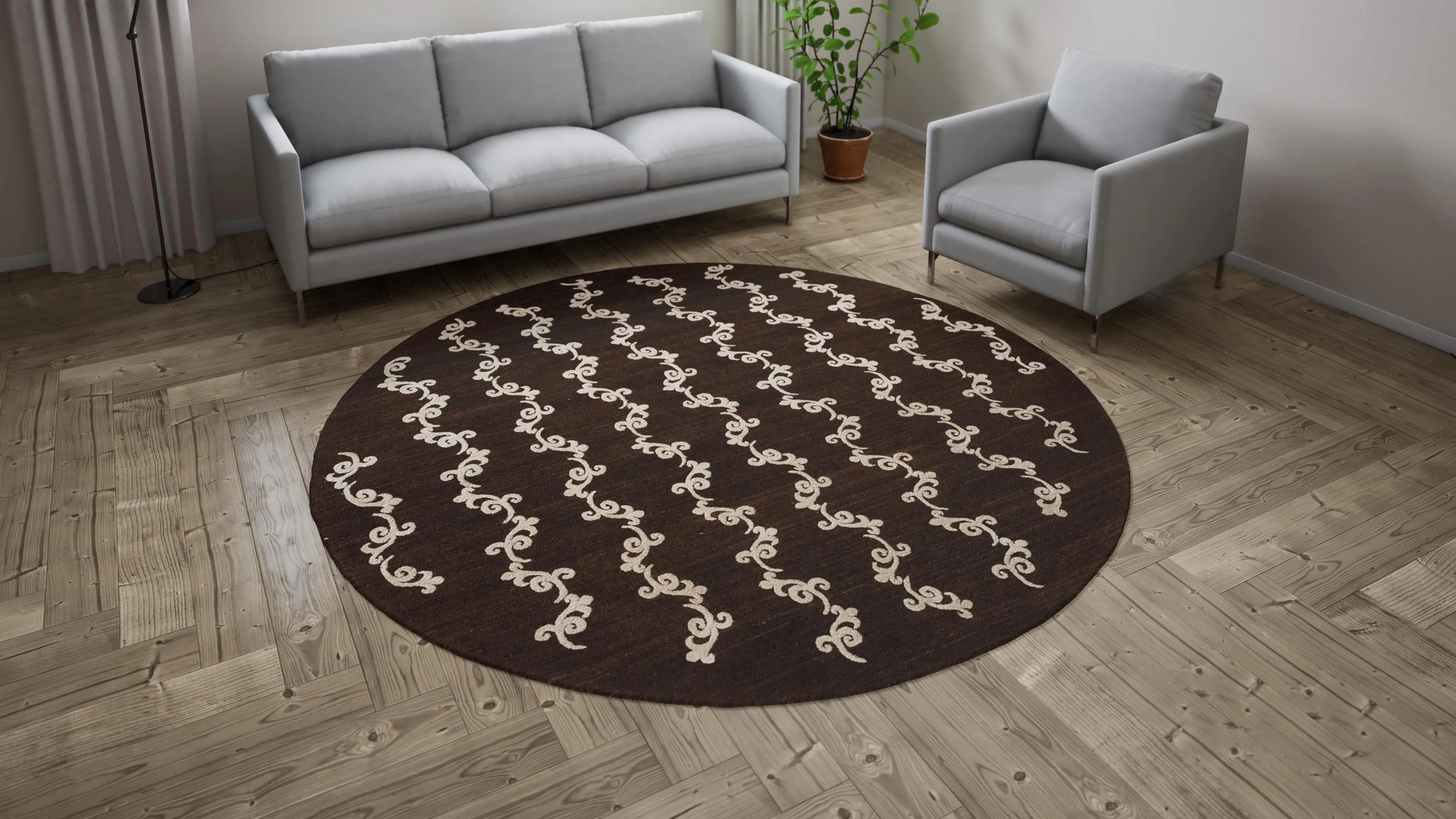 Brown Nu Vibrant Modern Tibetan Wool Silk Blend Rug - 8' Round