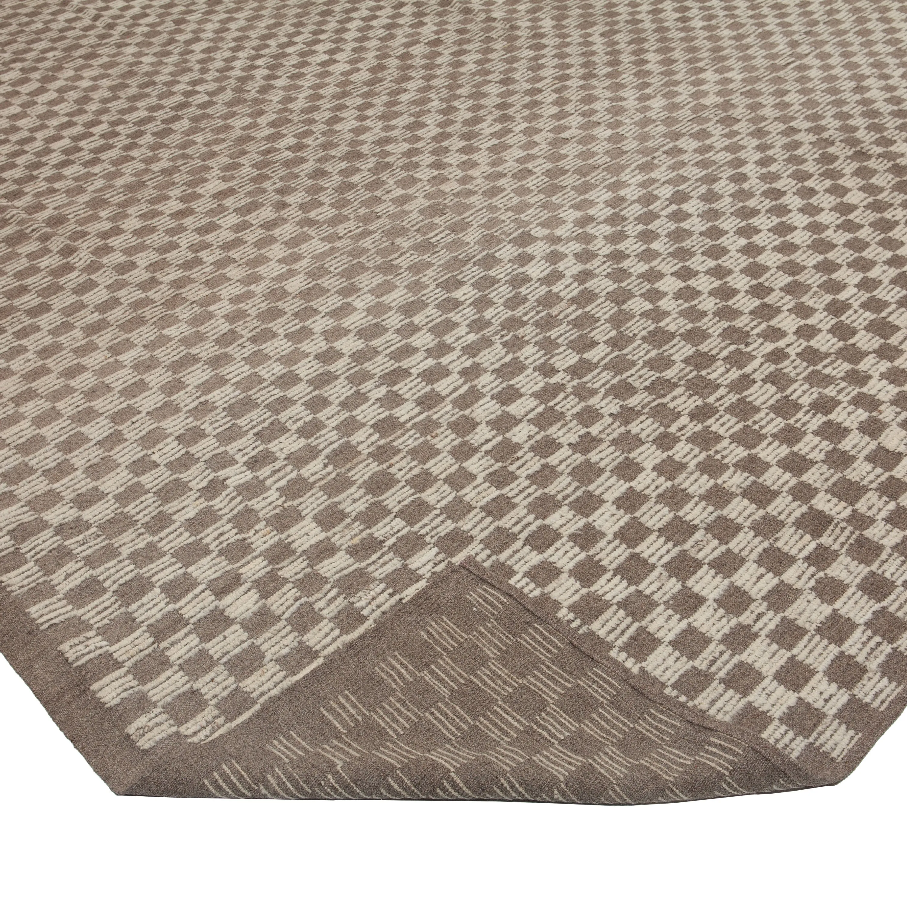 Brown Zameen Grid Modern Wool Rug - 13'8" x 18'1"