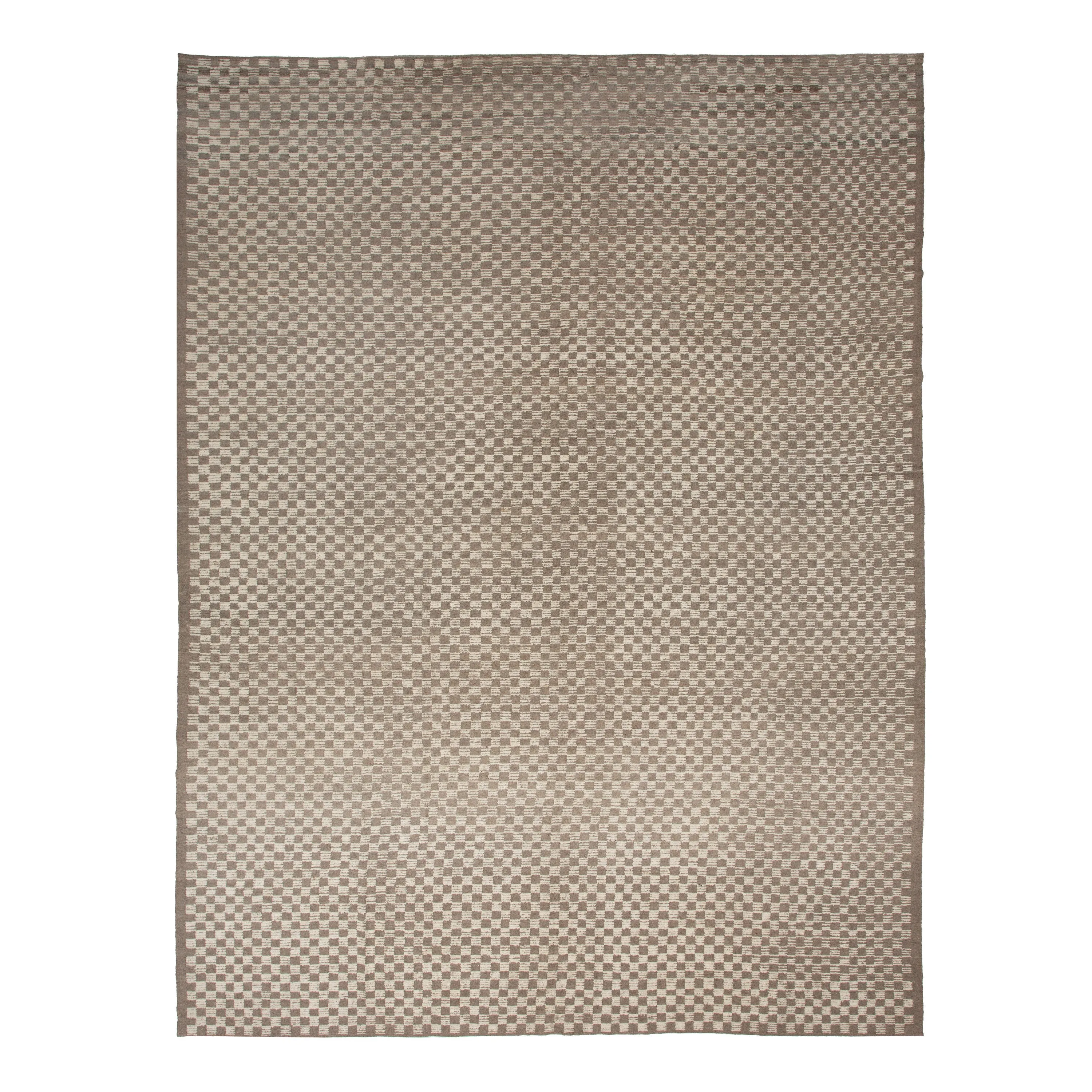 Brown Zameen Grid Modern Wool Rug - 13'8" x 18'1"