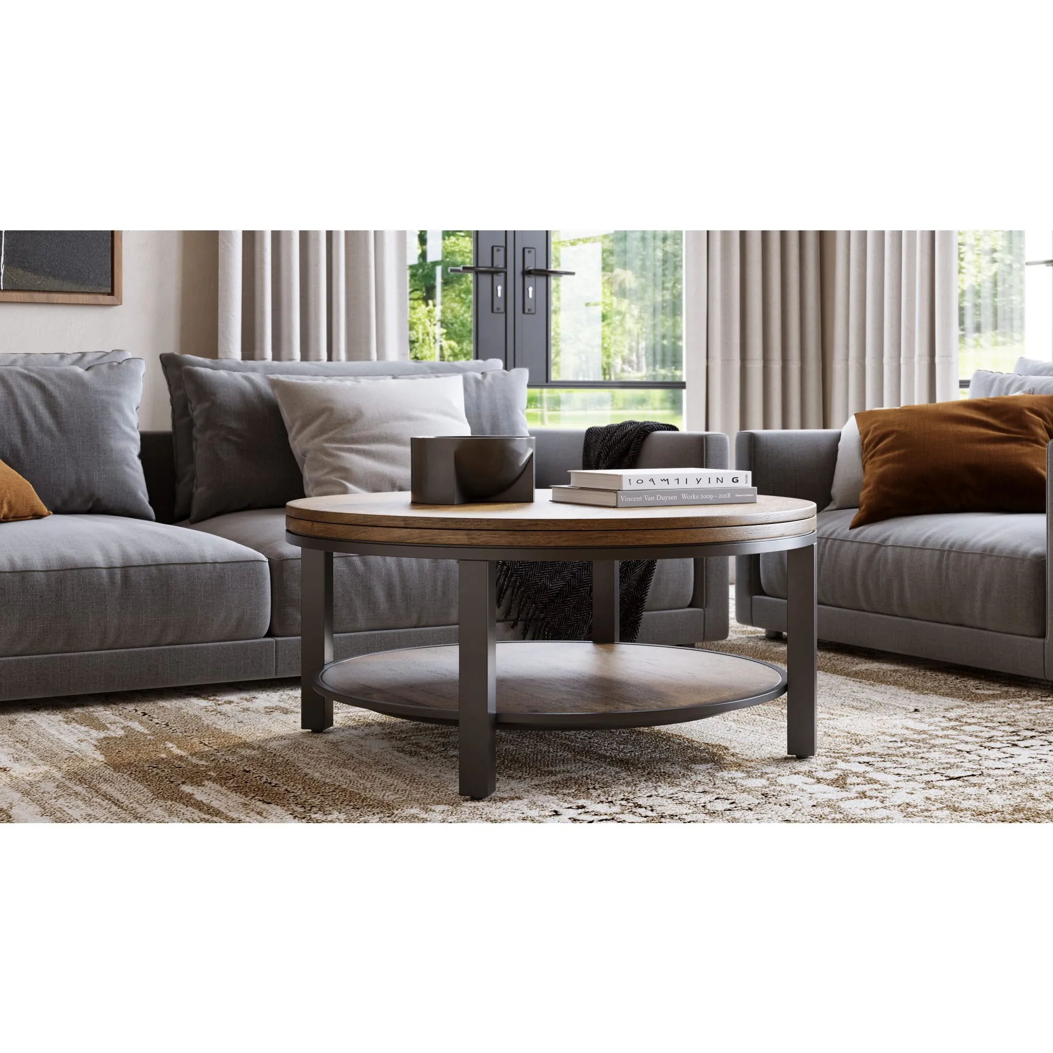 Canyon Solid Wood and Metal Round Coffee Table in Washed Grey Modus