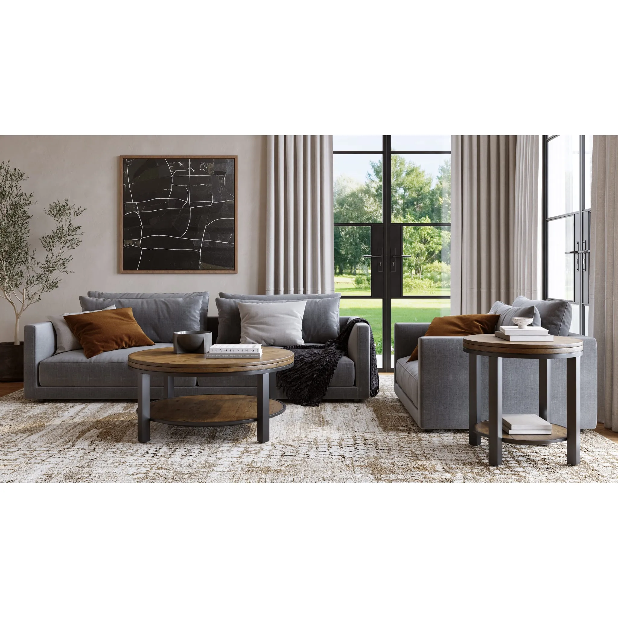 Canyon Solid Wood and Metal Round Coffee Table in Washed Grey Modus