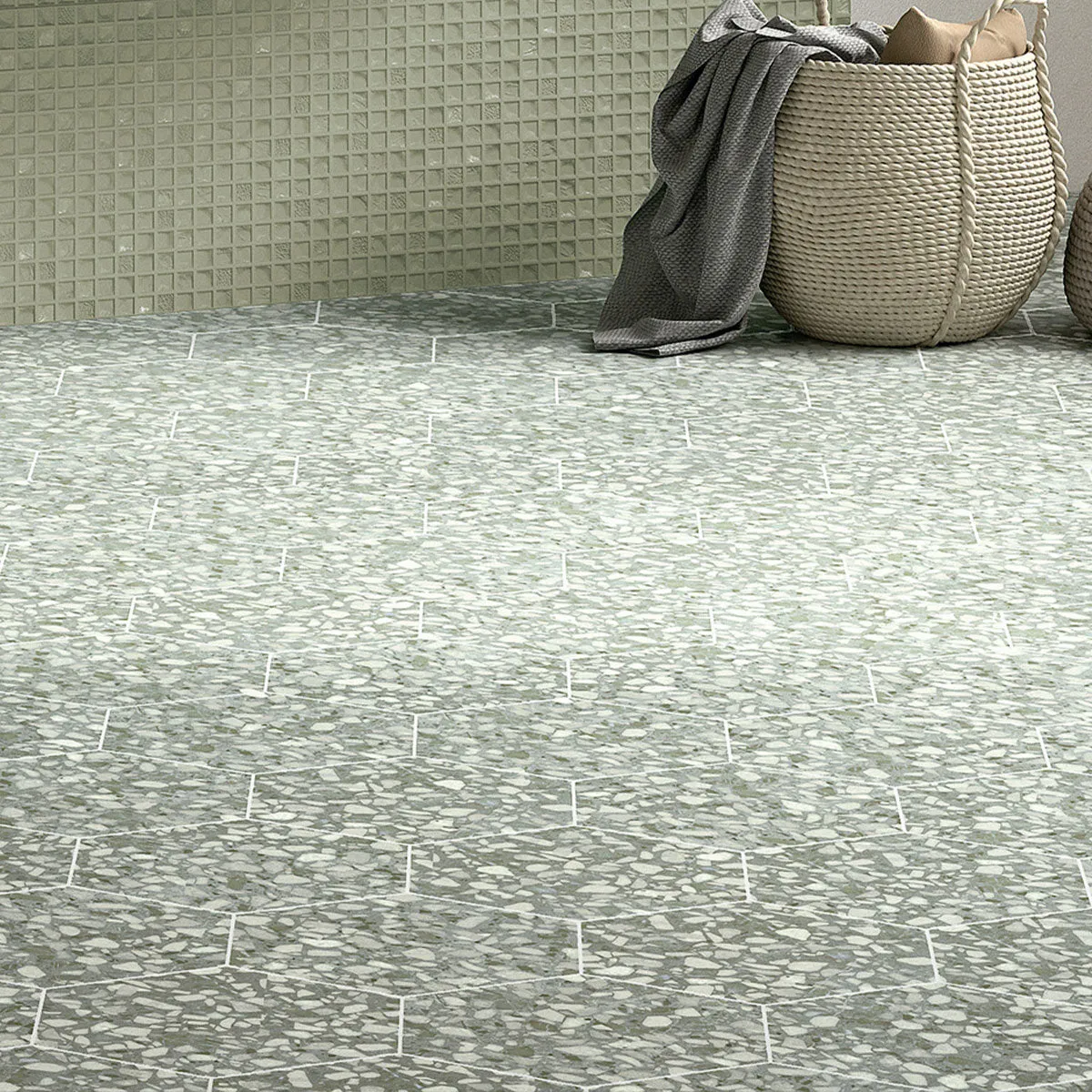 Deluxe Terrazzo Sage Hexagonal Porcelain Tile 23x27cm Matt