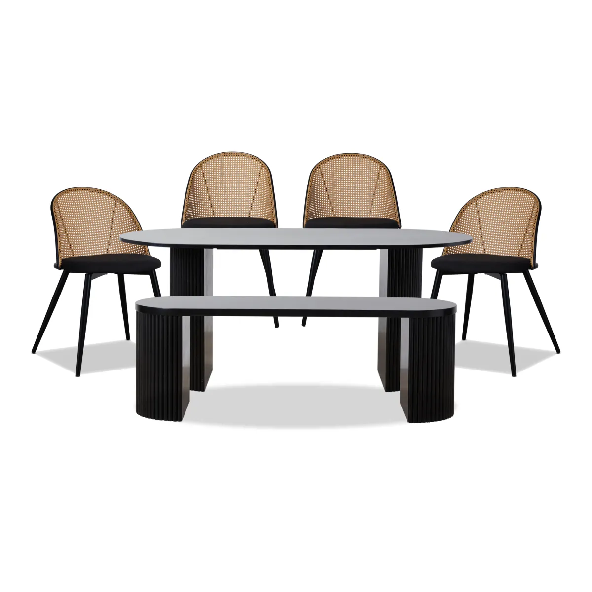 Eve Black Table Bench Seat and Avila Six Piece Dining Set Mocka