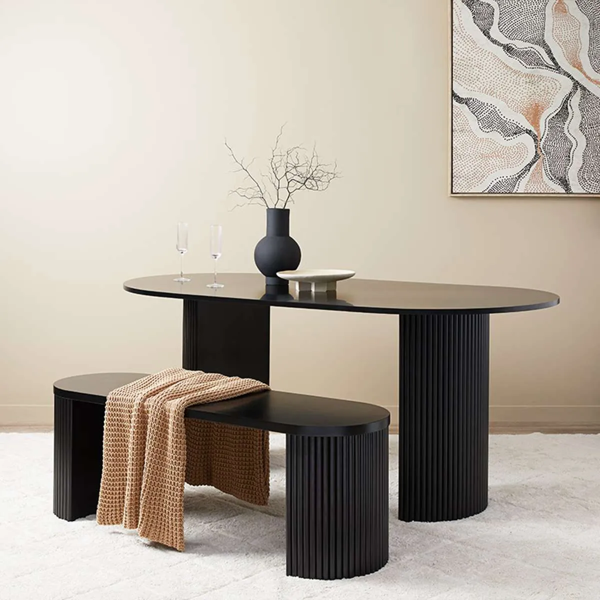 Eve Black Table Bench Seat and Avila Six Piece Dining Set Mocka
