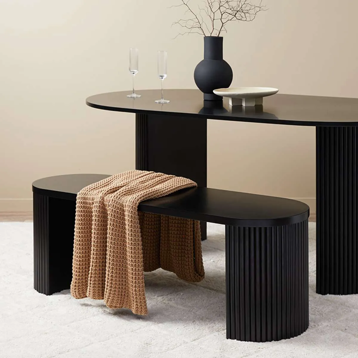 Eve Black Table Bench Seat and Avila Six Piece Dining Set Mocka