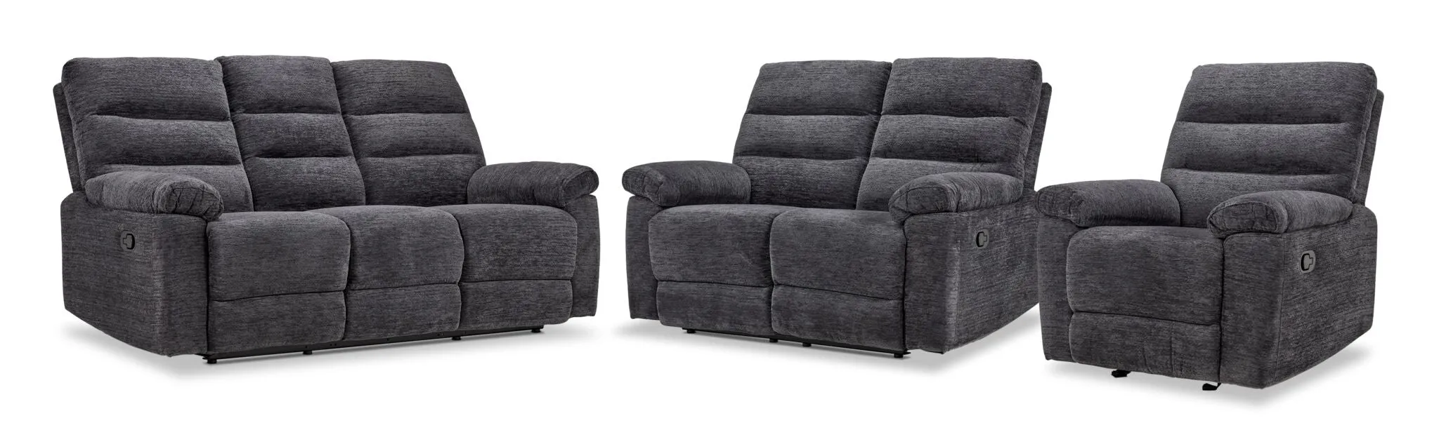 Lucie Dual Reclining Sofa, Loveseat and Recliner Set- Charcoal