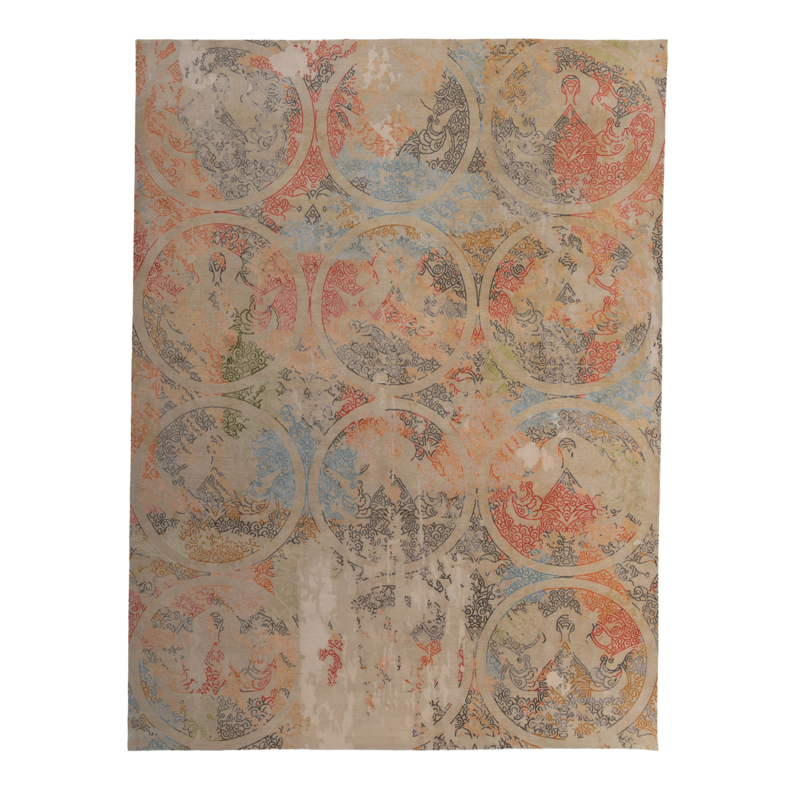 Multicolored Aurora Tibetan Contemporary Wool Silk Blend Rug - 9' x 12'