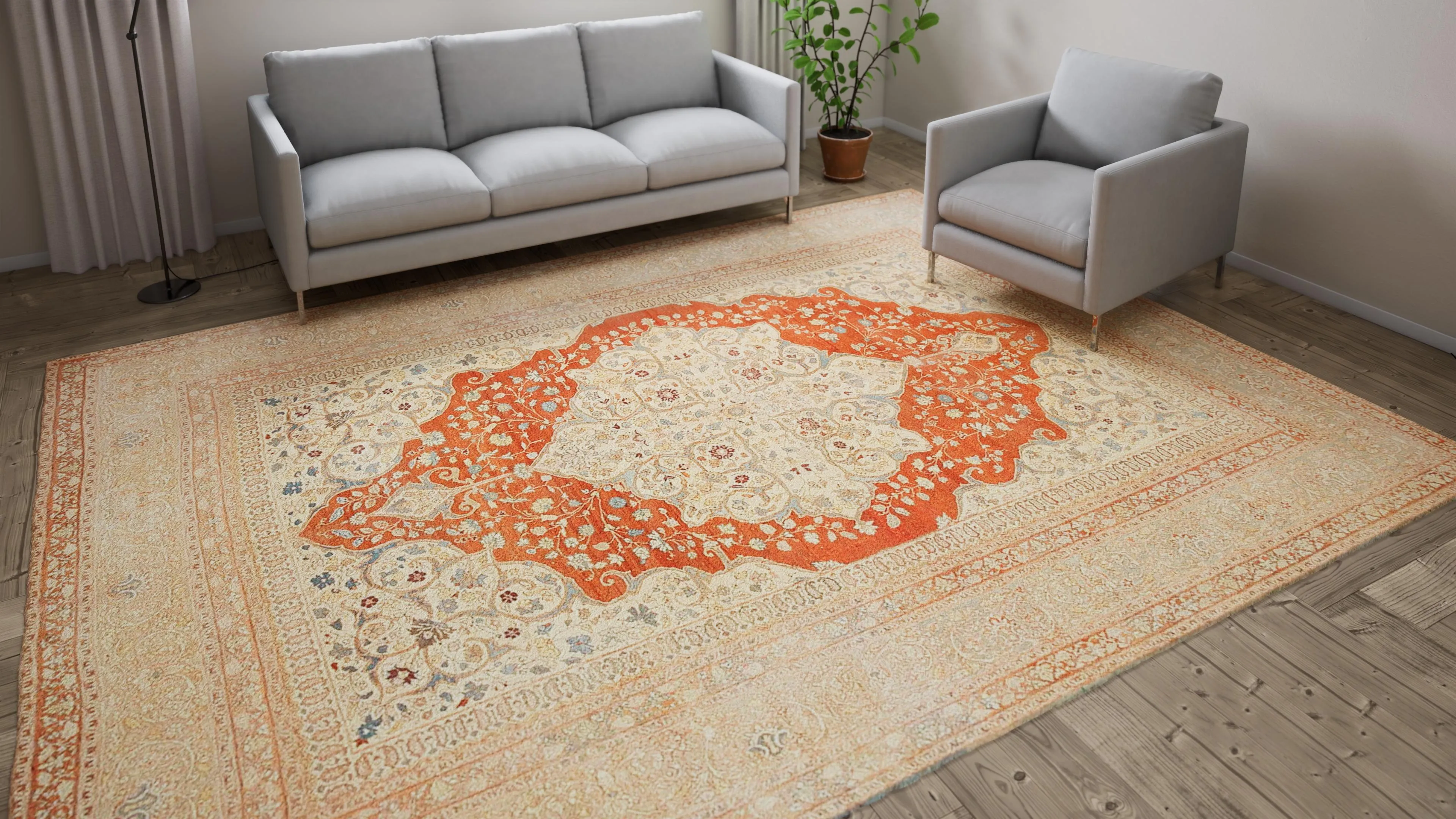 Orange Antique Persian Tabriz Rug - 9'3" x 12'4"